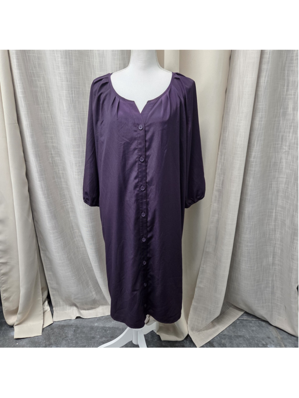 The Limited Purple Button Front V-Neck Midi Dress Balloon Sleeve Pleated Sz XL